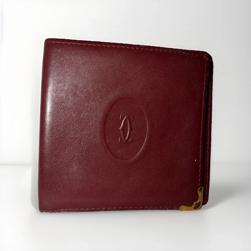 Cartier Bifold Wallet Pass Case Brown/Red Bordeaux Gold Hardware Men's